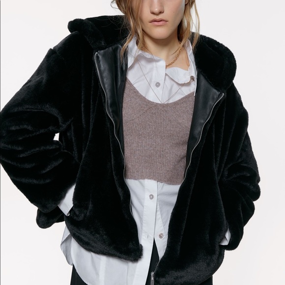 coat with faux fur hood zara